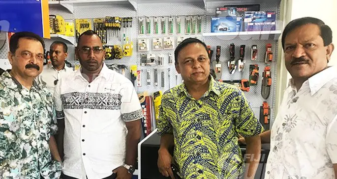 From left: RC Manubhai Managing Director Dinesh Patel, Vinay Kumar of Aqua Plumbing, guests Rohit Kishore and R.C. Manubhai Managing Director Hiten Patel after the reopening yesterday. Photo: Charles Chambers.