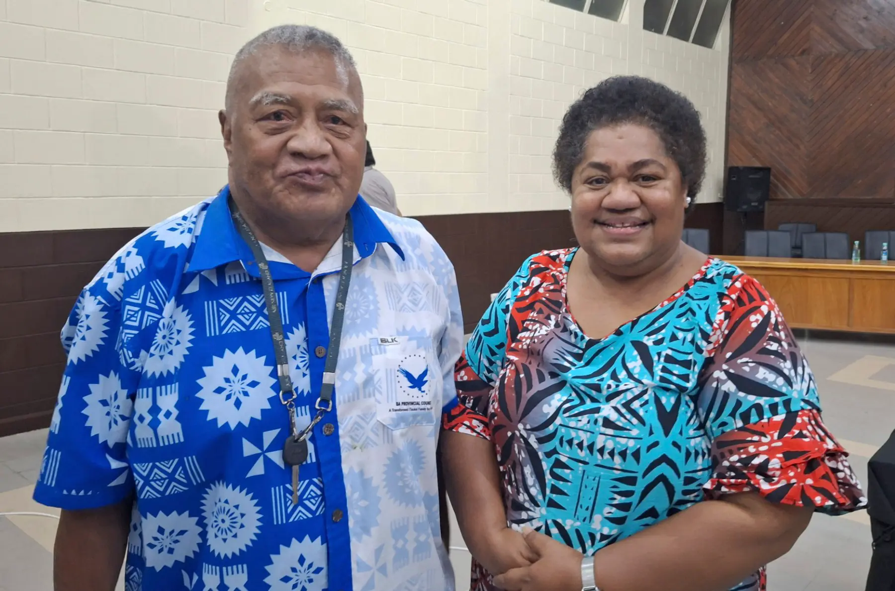 Mata ni Tikina o Nadi Ratu Tiko Dawai (left) with his wife, Asinate Dawai, the Nadi Town Landowning Unit and Vanua o Nakovacake representative, at the proposed Nadi City Declaration stakeholder consultation at Nadi Civic Centre on October 23, 2026. Photo: Katherine Naidu.
