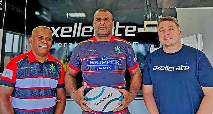 From left: Natasiri Rugby Union treasurer Meli Rokobici, Apisalome Vanakena and Axellerate (Fiji) executive director Anthony Toscano in Nadi on May 23, 2024. Photo: Waisea Nasokia