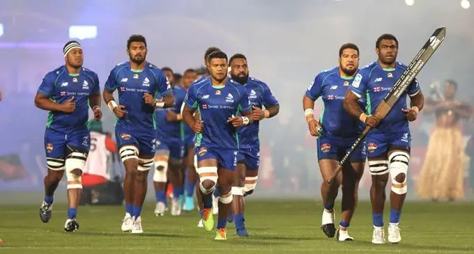 Swire Shipping Fijian Drua (from left to right) Ratu Rotuisolia, Isoa Nasilasila, Zuriel Togiatama, Samuela Tawake, Kaliopasi Uluilakepa and captain Nemani Nagusa at Orangetheory Stadium in Christchuch, New Zealand, on May 20, 2022.: Fijian Drua