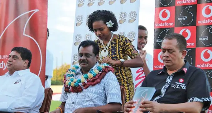 Minister for Youth and Sports Parveen Bala is being garlanded during the official opening of the Vodafone Fiji FACT tournament at Churchill Park, Lautoka on May 3, 2019. Photo: Ministry of Youth and Sports