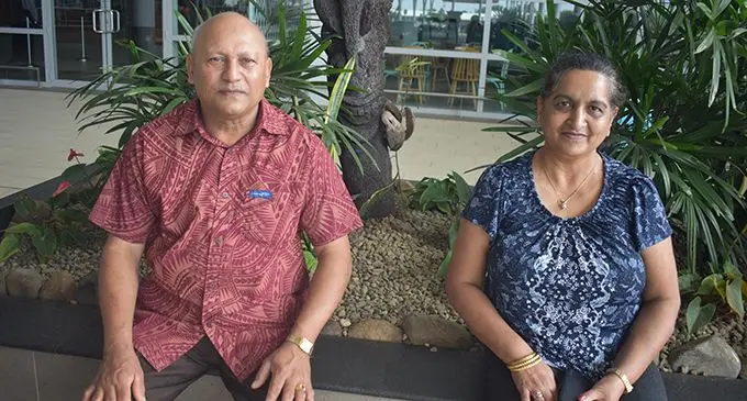 Jay Narayan (left) and his wife Rohini Narayan at the Nadi International Airport on April 7, 2020.   Photo: Mereleki Nai
