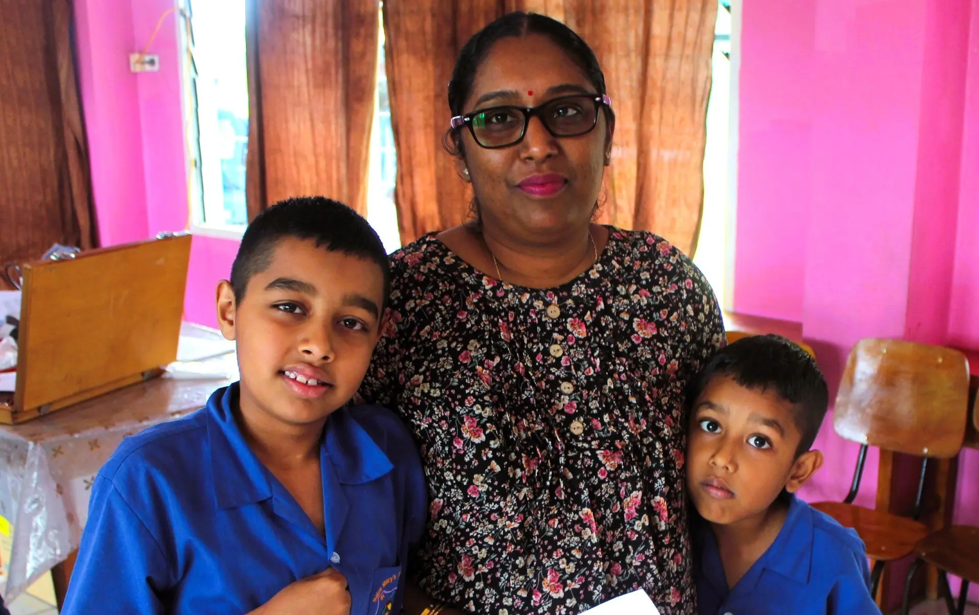 Mother, Sarika Devi, with her sons, (left) Amish Dayal, 10 and (right) Avyaan Dayal, 7, during the free medical camp at Labasa Muslim Primary School on August 21, 2026. Photo: Sampras Anand. 