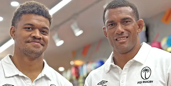 From left: Fiji Ariways Fiji men’s rugby sevens players Sakiusa Siqilia and Suliano Volivoli at Courts Mega Samabula on June 21, 2025. Photo: Josua Buredua