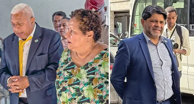 Former Prime Minister Voreqe Bainimarama with his wife Mary and Former Attorney-General Aiyaz Sayed-Khaiyum outside the Suva Magistrate’s Court on September 3, 2024. Photo: Beranadeta Nagatalevu