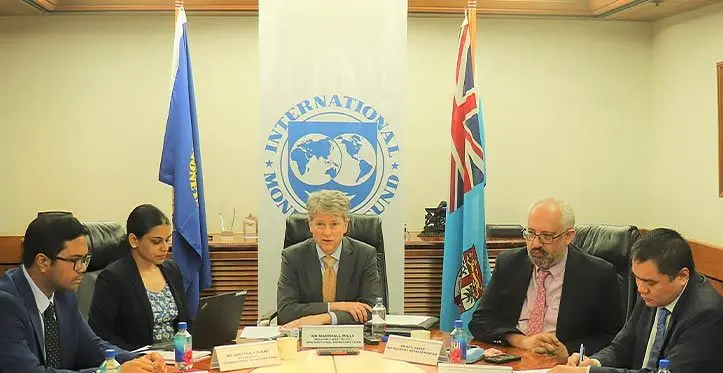 International Monetary Fund division chief and mission chief for Fiji, Asia and Pacific, Marshall Mills (third from left), with IMF resident representative Neil Saker (fourth from left), during a summary discussion with the media at the Reserve Bank of Fiji. Photo: Frederica Elbourne