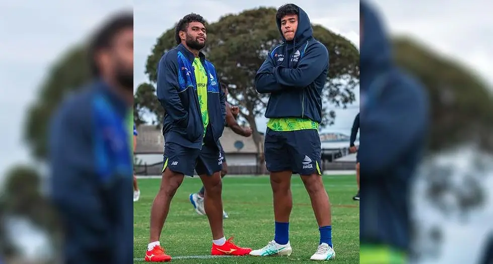 Fijian Drua backs Simione Kuruvoli (left) and Isaiah Armstrong-Ravula. Photo: Fijian Drua. 