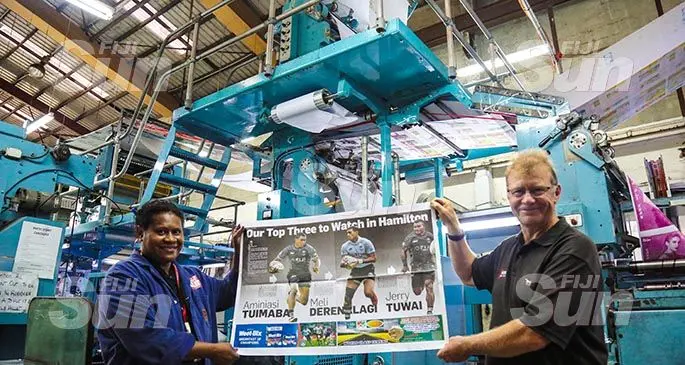 From left: Fiji Sun Print Centre Manager Joana Bueta with New Zealand newspaper production expert, Webco managing director Brendon Whitley. Photo: Kelera Sovasiga