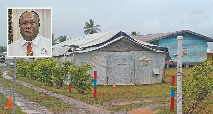 Classes are still held in this recycled tent at Valelawa Primary School in Macuata on October 18, 2024. Inset photo: Fijian Teachers Association general secretary Paula Manumanunitoga. Photo: Shratika Naidu