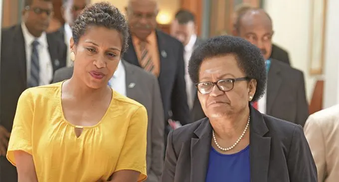 Opposition Members of Parliament Lynda Tabuya (left) and Adi Litia Qionibaravi outside Parliament on April 3, 2019. Photo: Ronald Kumar.