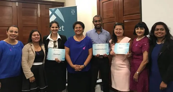 (from left): Fiji TV chief executive officer Karen Lobendahn, South Pacifc Stock Exchange chief exectuive officer Krishika Narayan, Gul Fatima, Fiji Sports Council chief executive officer Litiana Loabuka, Waisale Iowane, Glenis Yee, SPSE chairperson Nur Bano Ali and Sujatha Nair.  Photo: Sheldon Chanel 