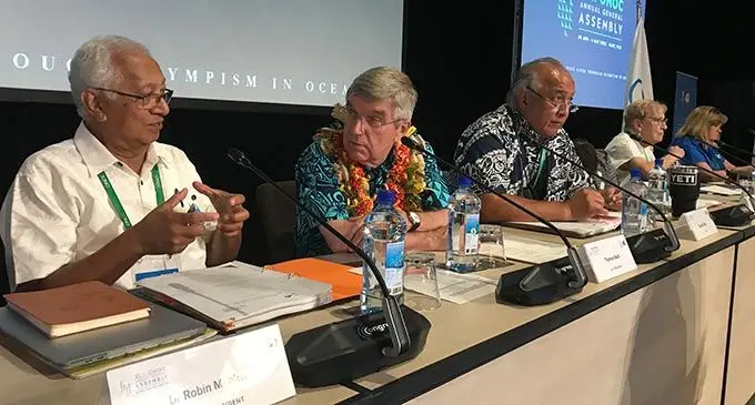 Oceania National Olympic Committee’s (ONOC) president Dr Robin Mitchel (left), with the president of the International Olympic Committee, Thomas Bach, in Nadi on May 3, 2022. Photo: Waisea Nasokia