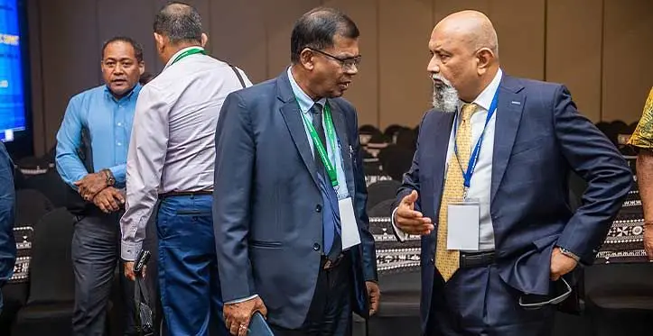 Minister for Finance Biman Prasad and CEO of ANZ, Saud Minam. Photo: Leon Lord
