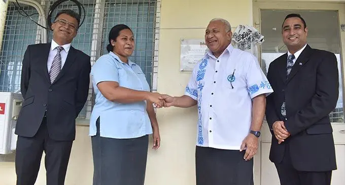 From left: The chairperson of the Legal Aid Commission Sharvada Sharma, Births, Deaths and Marriages executive officer Karalaini Mataitini, Prime Minister Voreqe Bainimarama and the Births, Deaths and Marriages Registrar General Lawrence Prasad after the opening of the Registry in Keiyasi, Navosa, on March 12, 2019