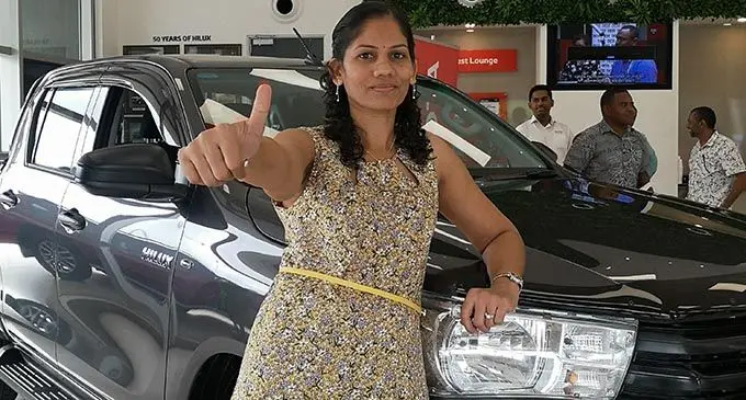 Parvin Lata with her new $80,000 2019 Toyota Hilux at the Asco Motors Showroom  in  Nabua. Photo: Laiseana Nasiga