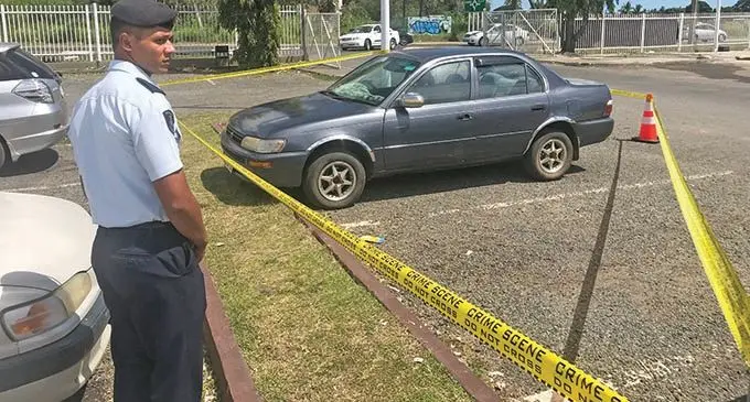 The cordoned off vehicle said to belong to deceased, Nirmal Kumar, was found at a supermarket car park in Votualevu, Nadi. Photo: Waisea Nasokia