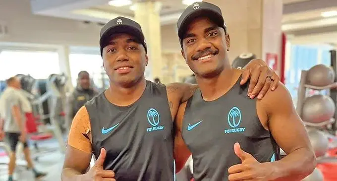 Fiji Airways Fijian men's 7s playmaker Waisea Nacuqu and halfback Filipo Bukayaro during their gym session in Cape Town, South Africa, on September 5. 2022. Photo: Supplied 