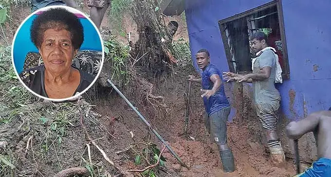 Asenaca Dina’s family members clear the debris after the landslide on January 20, 2024. Photo: Wati Talebula /Inset: Asenaca Dina