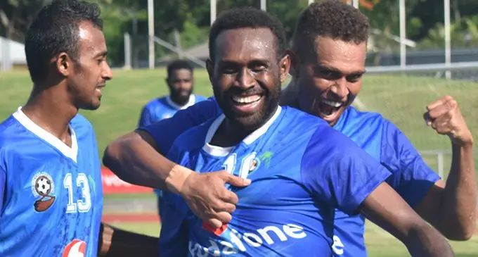 Lautoka striker Benjamin Totori (middle) celebrates after scoring one of his two goals against Suva in the Vodafone Premier League clash at Churchill Park, Lautoka on February 18, 2018.    Photo: Waisea Nasokia
