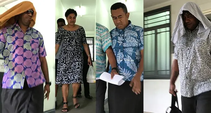 From left Mataiasi Toa Masilaca, Adi Mara Rufina Qaranivalu, Jack Edward Hiramatsu and Mosese Tikotikoca outside the Suva Magistrates Court. Photo: Ronald Kumar.
