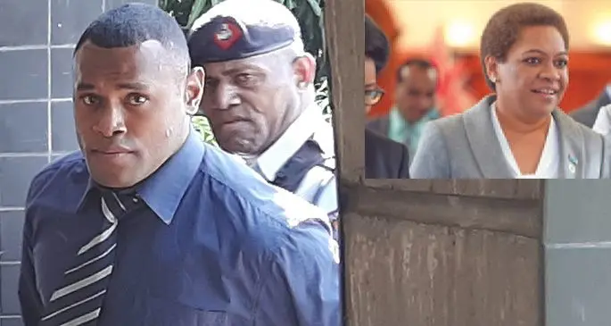 Amenoni Nasilasila (right) outside the High Court in Lautoka on October 23, 2019. Inset: Minister for Women, Mereseini Vuniwaqa