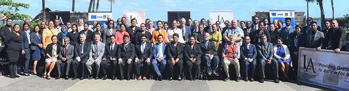 The Attorney-General Aiyaz Sayed-Khaiyum (front row, 7th from left) with participants at the InterContinental Fiji Golf Resort and Spa in Natadola on August 21, 2019. Photo: Nicolette Chambers