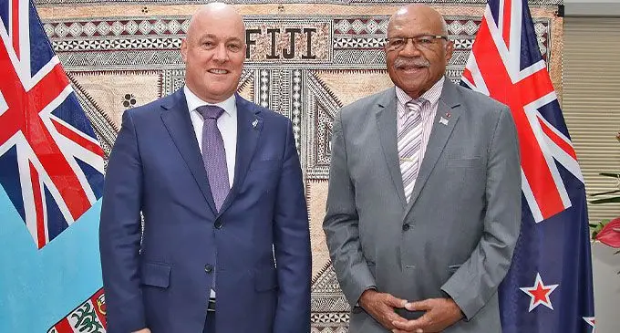 Prime Minister Hon. Sitiveni Rabuka with New Zealand’s Prime Minister Rt Hon Christopher Luxon during the bilateral meeting held at the Ministry of Foreign Affairs, Fiji on 6 June, 2024. PHOTO: DEPTFO