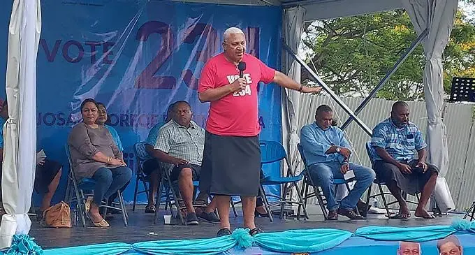 FijiFirst Party leader, Voreqe Bainimarama addressing the crowd at Shirley Park in Lautoka on December 3, 2022. Photo: Nicolette Chambers