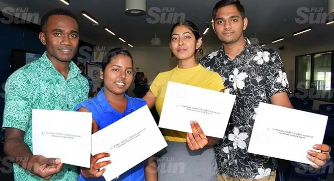Fiji National University Students Association scholarship recipients (from left) Timoci Raikasala, Vashinta Chand, Monika Maharaj and Shrinay Chandra at Nasinu Campus on April 1, 2021. Photo: Ronald Kumar