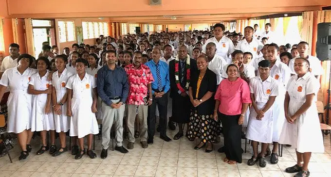 Assistant Minister for Education Iliesa Vanawalu with students and teachers of Labasa Sangam (SKM) College on February 23, 2023. Photo: Shratika Naidu