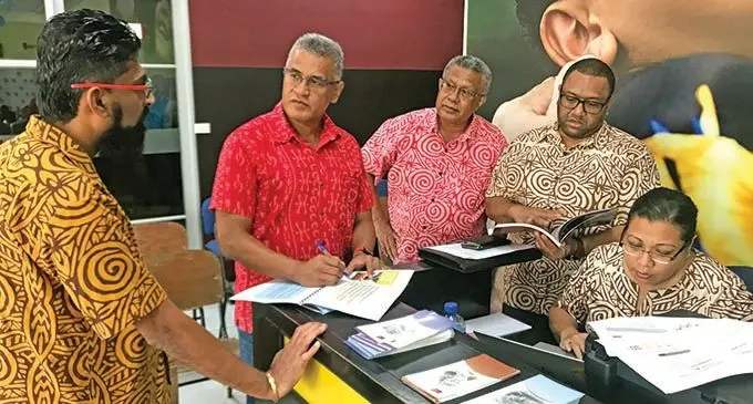 Fiji National Provident Fund executives, from left,Chief financial officer, Pravinesh Singh, outgoing chief executive officer, Jaoji Koroi, general manager member services, Alipate Waqairawai, manager public relations and marketing, Risiate Biudole, and general manager business transformation, Millie Low