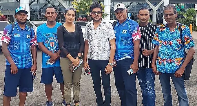 From left: Ratu Isikia Rogoyawa, Siliveni Nawai, Zia Nisha, Simon Naushad, Jone Loloma, Ronald Naidu, and Chanchal Babba Kumar at the Nadi International Airport. Photo: Waisea Nasokia