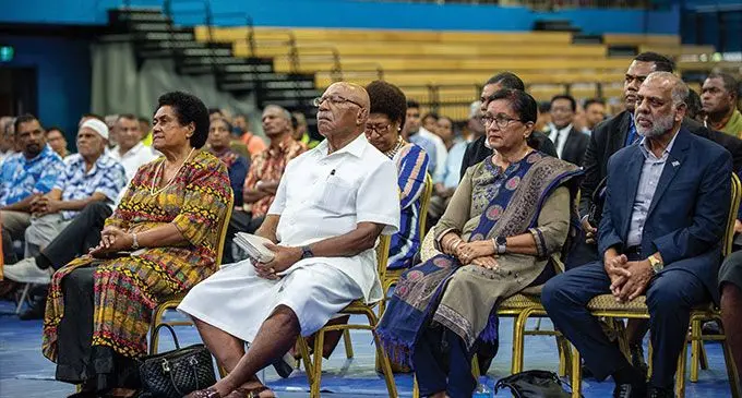 Second from left: Prime Minister Sitiveni Rabuka with wife, Sulueti during the Thanksgiving and Reconciliation Service at the Vodafone Arena in Suva on May 14, 2023 . Photo: Leon Lord