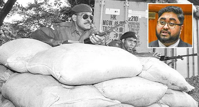 Republic of Fiji Military Fores on guard during the 2000 civilian coup. Inset: Opposition MP Ketan Lal.