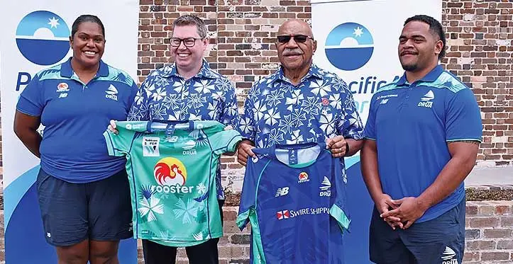 From left: Fijiana Drua’s Siteri Rasolea, Prime Minister Sitiveni Rabuka, Australia’s Minister for Defence Industry, and International Development and the Pacific Pat Conroy and Fijian Drua prop Meli Tuni during the sponsorship announcememnt in Australia on October 16, 2023 . Photo: Fiji Government
