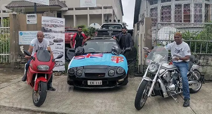 From left: Freedom Riders president Naren Naidu, Club Toyota Fiji president Sandip Singh, Club Toyota secretary Abhikash Nath and Freedom Riders member Vimlesh Ram on September 2, 2020. Photo: Lusiana Tuimaisala