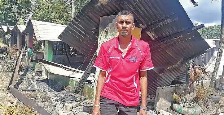 Shanil Sharma stands in front of his home that was destroyed by fire at Korovuto in Nadi. Photo: Mereleki Nai