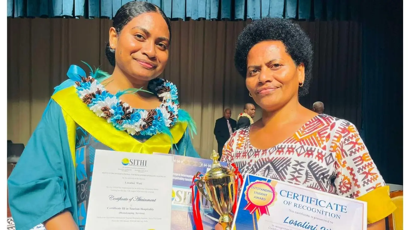 Graduate Losalini Vakatawase with her mother, Tokasa Vakatawase, after the ServicePro International Tourism Hospitality Institute graduation in Suva on August 13, 2026.