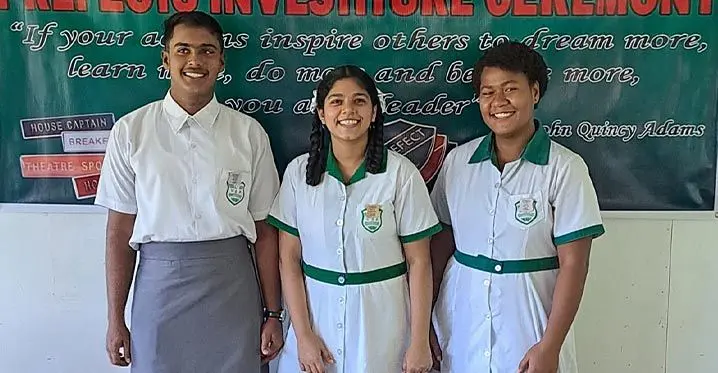 From Left: Valebasoga Secondary School deputy head boy Rameez Khan, head girl Natasha Prasad and deputy head girl Maria Vuniwaqa in Labasa on March 3, 2023.