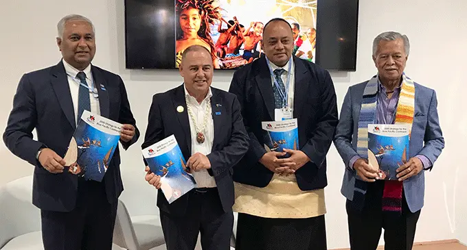 Fiji’s Permanent Representative to the United Nations Dr Satyendra Prasad, Cook Islands Prime Minister Mark Brown, Tongan Prime Minister Siaosi Sovaleni and Pacific Islands Forum Secretary General Henry Puna at the Moana Blue Pacific pavilion in Sharm El-Sheik, Egypt, on November 10, 2022. Photo: Inoke Rabonu