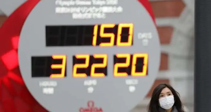 A pedestrian wearing a face mask passes by an electronic countdown timer for the Olympic Games in Tokyo, Japan, Feb. 25, 2020. (Xinhua/Du Xiaoyi)