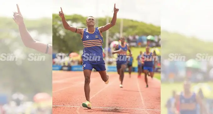 Tuli Mataika of RKS celebrates after winning the Tailevu Zone senior boys 800 metres final at the ANZ Stadium, Suva, on June 24, 2022. Photo: Ronald Kumar