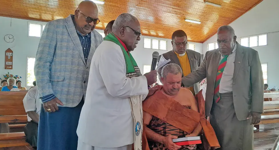 From left: Turaga ni Yavusa Yavusania Alifereti Rabuka Rokocoko, Rev Osea Tunidau, Tui Nawaka Ratu Joeli Naevo, Reverend Kolinio Bulivakarua, Josua Kurikitoga during the installation. Photo: Waisea Nasokia