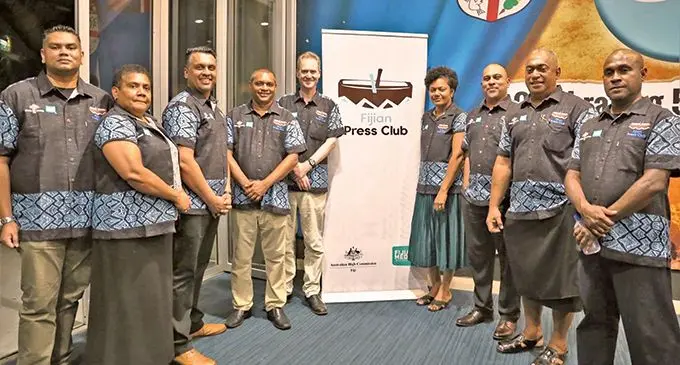 Fijian Media Association executives (from left), Reginald Chandra (Fiji Live), Makereta Komai (PINA), Indra Singh (FBC), Stanley Simpson (MaiTV), Australian Deputy High Commissioner Paul Wilson , Rosi Doviverata (Fiji Sun), Vijay Narayan (Fijivillage), Fred Wesley (Fiji Times) and Dreu Vukailagi (Fiji TV).  Photo: Inoke Rabonu