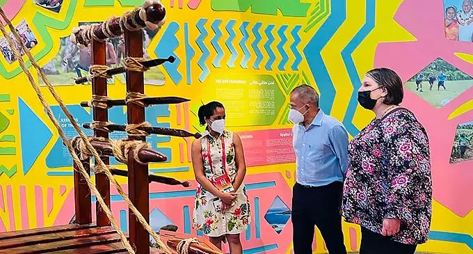 UN Resident Co-ordinator for Fiji Sanaka Samarasinha (middle) and UN Resident Coordinator for UAE, Dr Dena Assaf (right) at the Fiji Pavilion at the Expo 2020 Dubai, at United Arab Emirates (UAE). Photo: Ministry of Commerce, Trade, Tourism and Transport