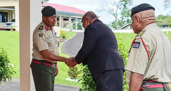Minister of iTaukei Affairs Iferemi Vasu (second from left), with Commander RFMF Major-General Ro Jone Kalouniwai at the Queen Elizabeth Barracks in Nabua on February 9, 2024.
