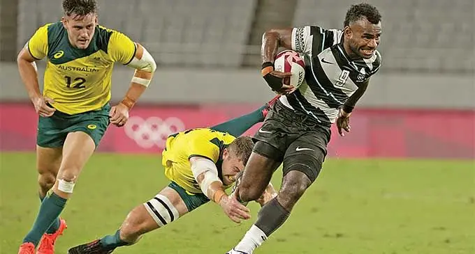 Jerry Tuwai in action against Australia at the Tokyo Olympics. Photo: World Rugby