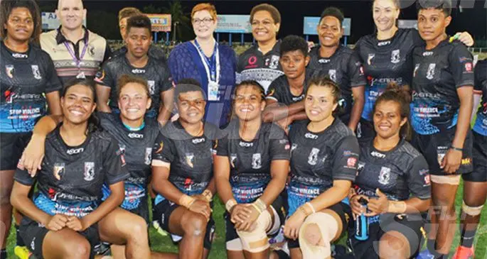 Fijian Bulikula rugby league team with Australian Minister for Foreign Affairs and Women Marise Payne (fourth from left) and Minister for Women, Children and Poverty Alleviation Mereseini Vuniwaqa (fifth from left) at the ANZ Stadium, Suva on October 11, 2019. Photo: Ronald Kumar