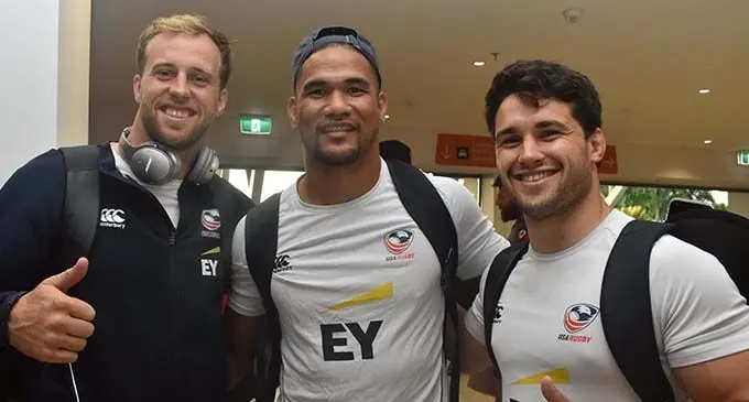 US Eagles rugby reps and 7s star ... From left: Ben Pinkelman, Martin Iosefo and Madison Hughes at the Nadi International Airport on July 30, 2019.  Photo: Waisea Nasokia