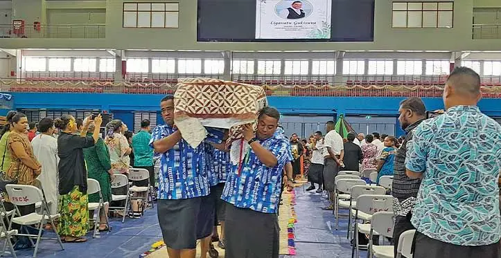 Pallbearers, Queen Victoria School old boys class of 1993, including the Minister for Lands and Mineral Resources Filimoni Vosarogo (left) at the Vodafone Arena on April 19, 2023. Photo: Wati Talebula- Nuku